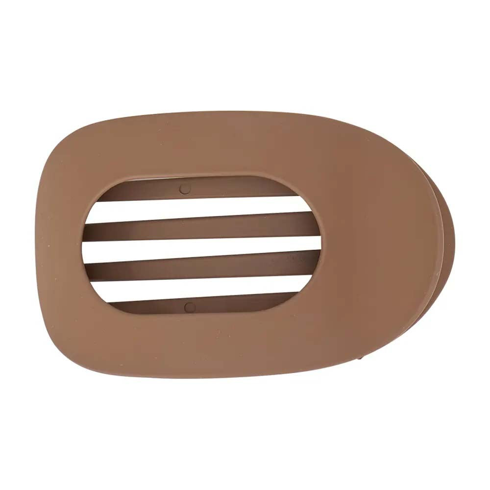 Brown plastic hair claw with a slotted design on a white background