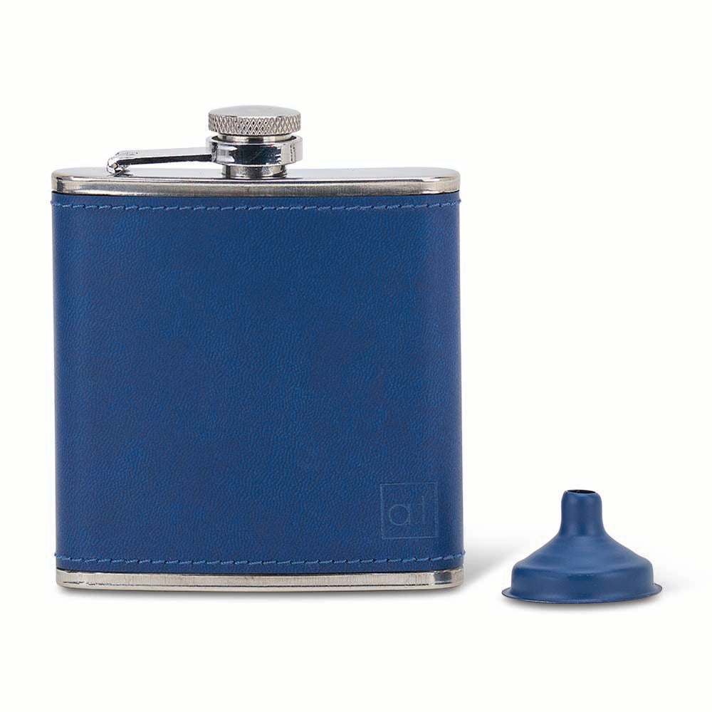 Blue leather flask with silver cap and blue funnel on a white background