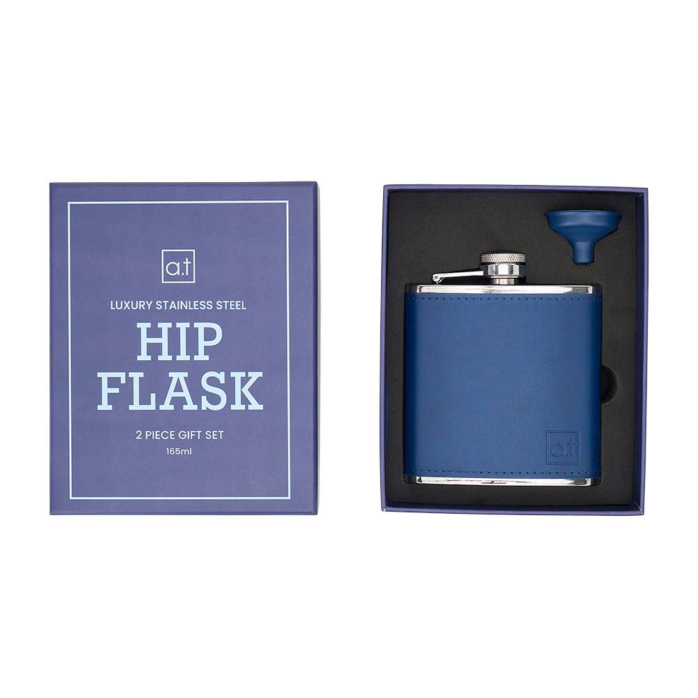 Blue hip flask with funnel in packaging on a white background