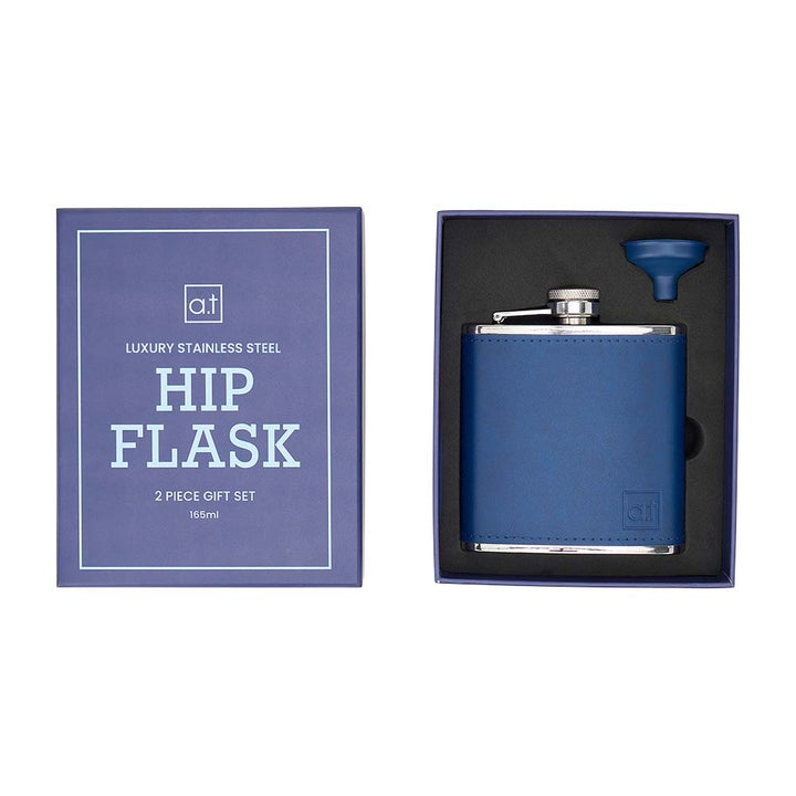 Blue hip flask with funnel in packaging on a white background