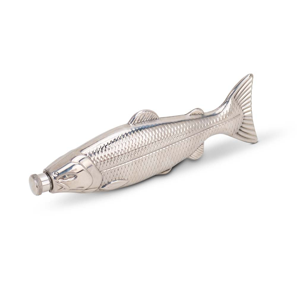 Silver fish-shaped hip flask on a white background