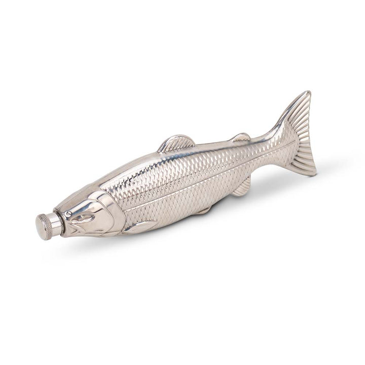 Silver fish-shaped hip flask on a white background