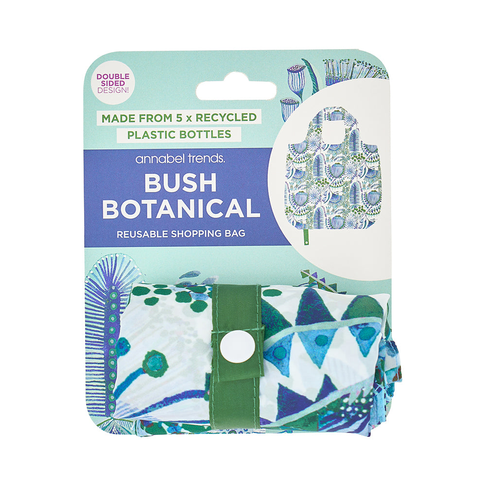 Reusable shopping bag packaging with 'Bush Botanical' design on a white background