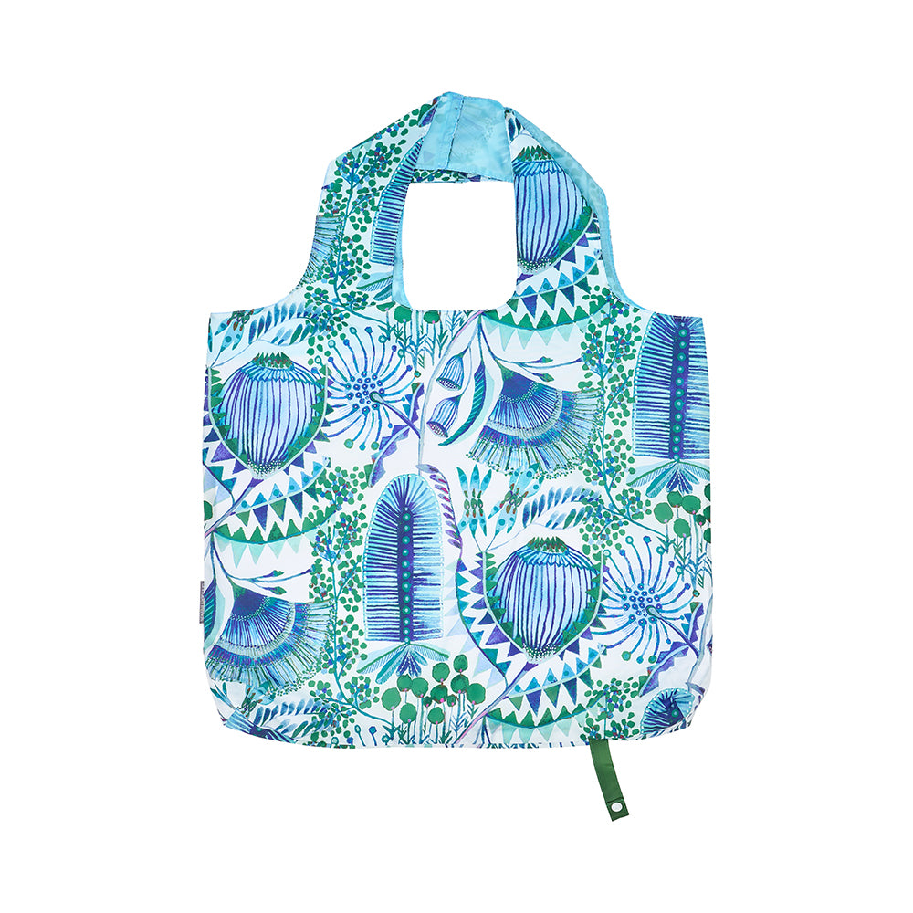 Reusable shopping bag with blue and green floral pattern on a white background