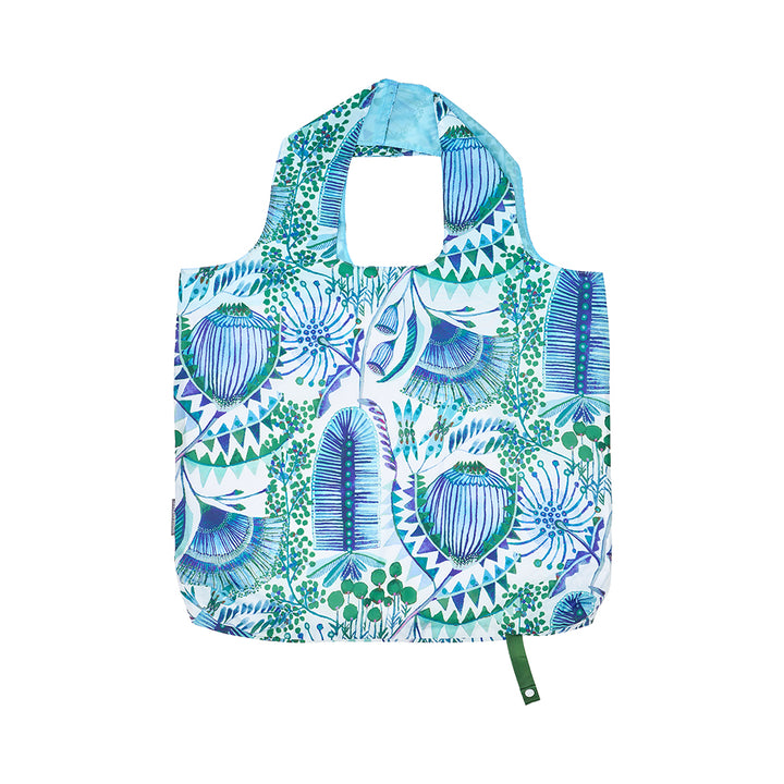 Reusable shopping bag with blue and green floral pattern on a white background