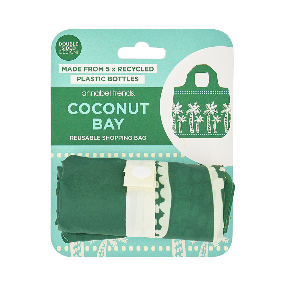 Green reusable shopping bag with 'Coconut Bay' branding on a white background