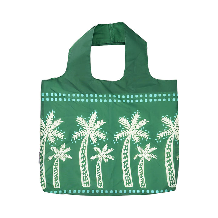 Green reusable bag with white palm tree design on a white background