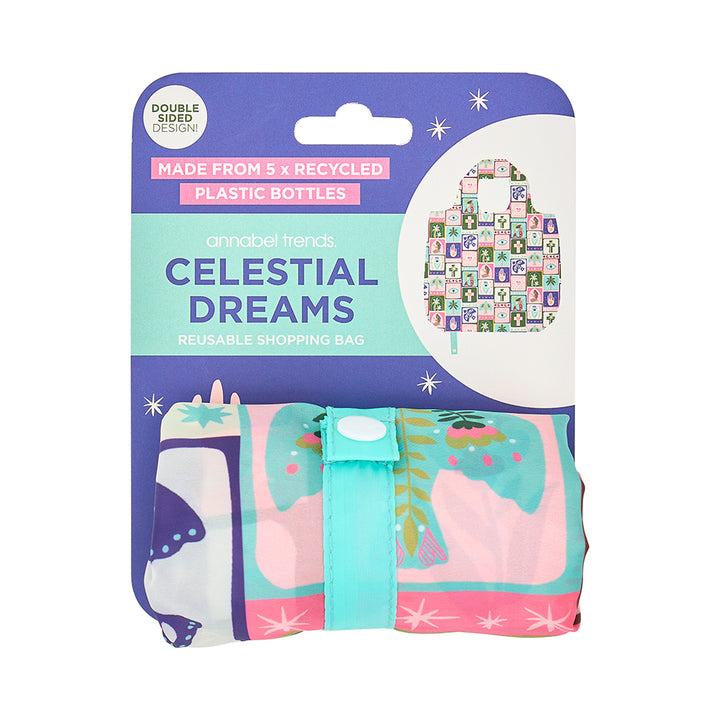 Reusable shopping bag packaging with 'Celestial Dreams' design on a white background