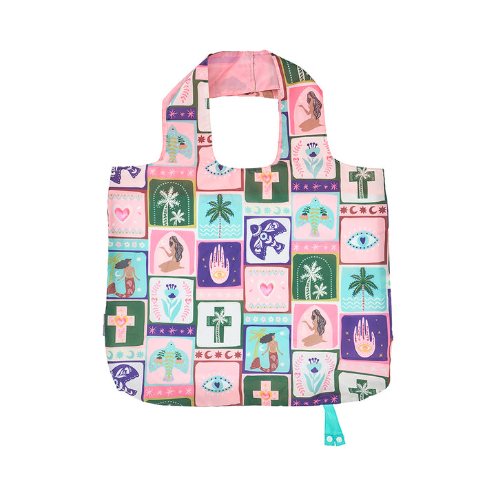 Reusable shopping bag with colorful pattern on a white background