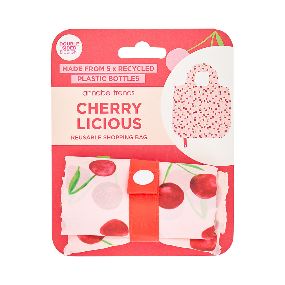 Reusable shopping bag packaging with cherry design on a white background