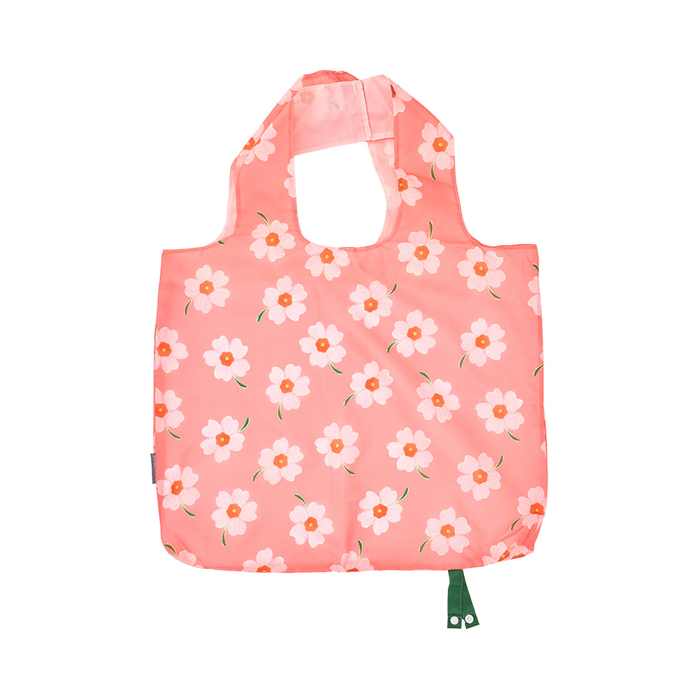 Floral-patterned pink reusable bag on a white background