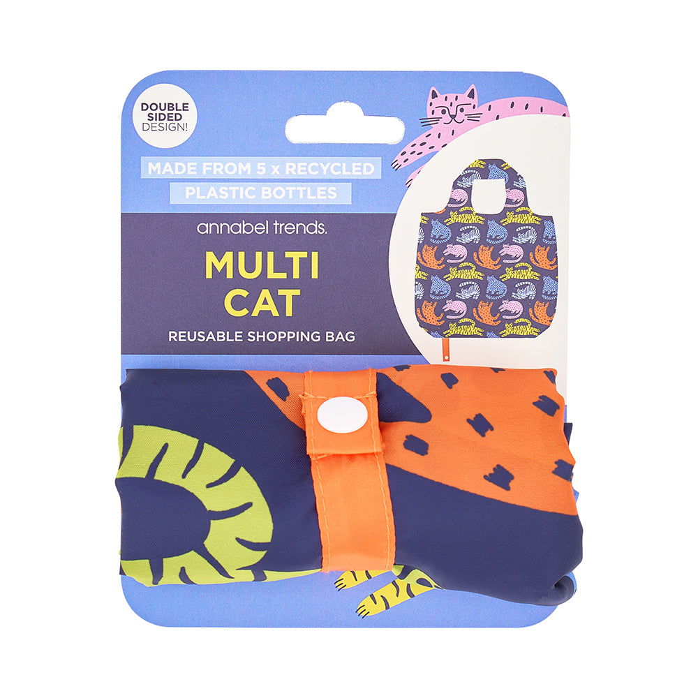 Reusable shopping bag with multicolor design on packaging