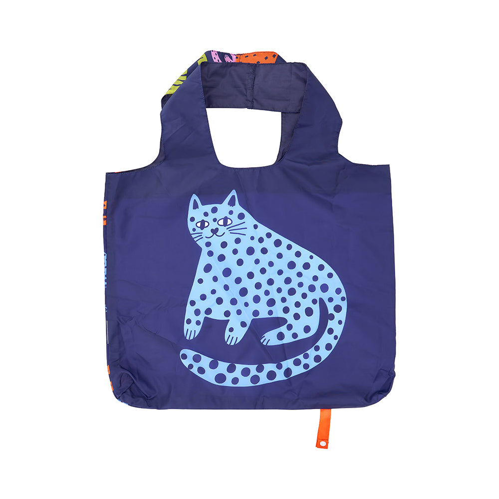 Purple reusable bag with a blue polka dot cat design on a white background