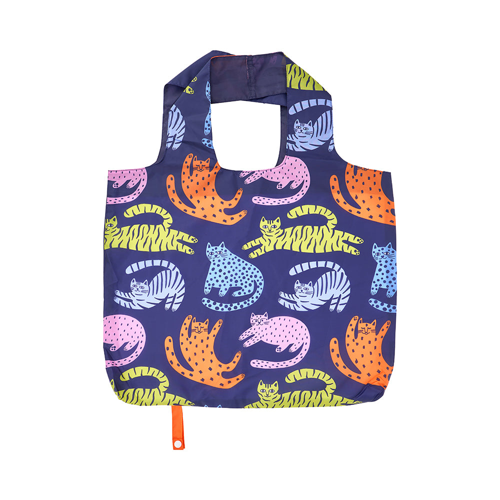 Foldable shopping bag with colorful cat pattern on a white background