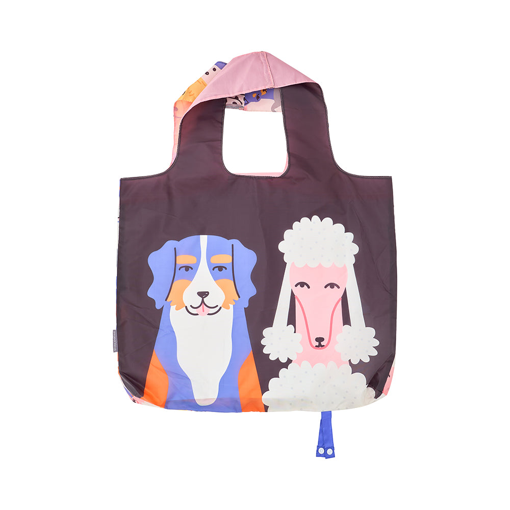 Foldable tote bag with cartoon dog and sheep design on a white background