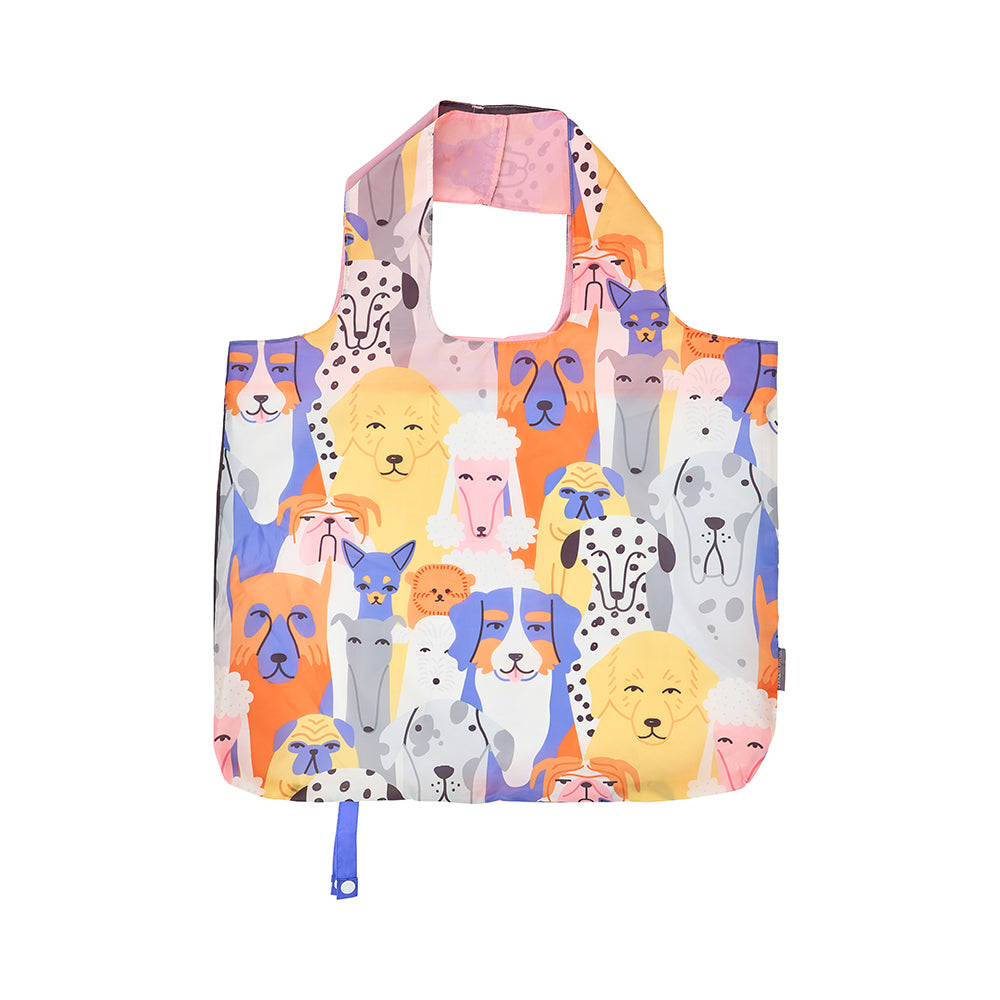 Reusable shopping bag with colourful dog pattern on a white background