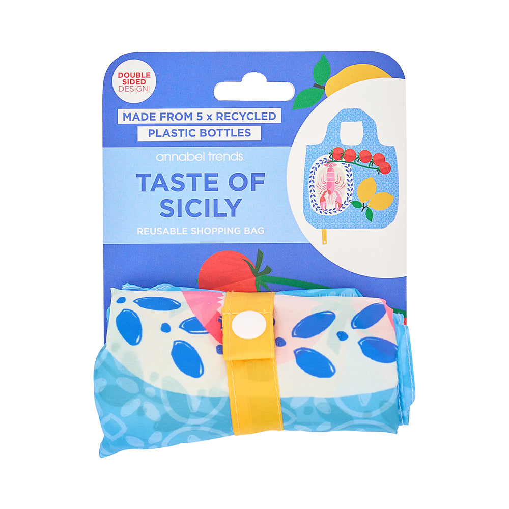 Reusable shopping bag packaging with 'Taste of Sicily' branding on a blue background
