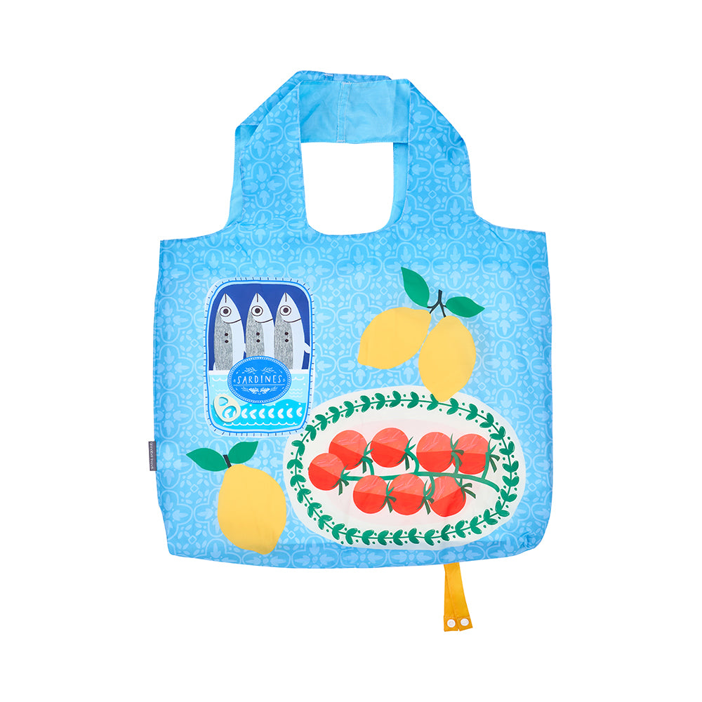 Blue reusable shopping bag with food illustrations on a white background