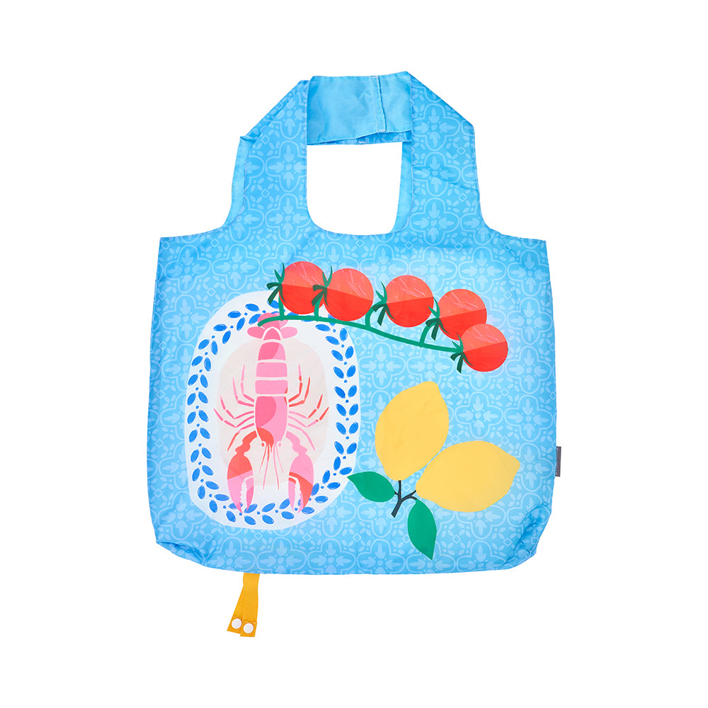 Blue reusable bag with colorful lobster and lemon design on a white background