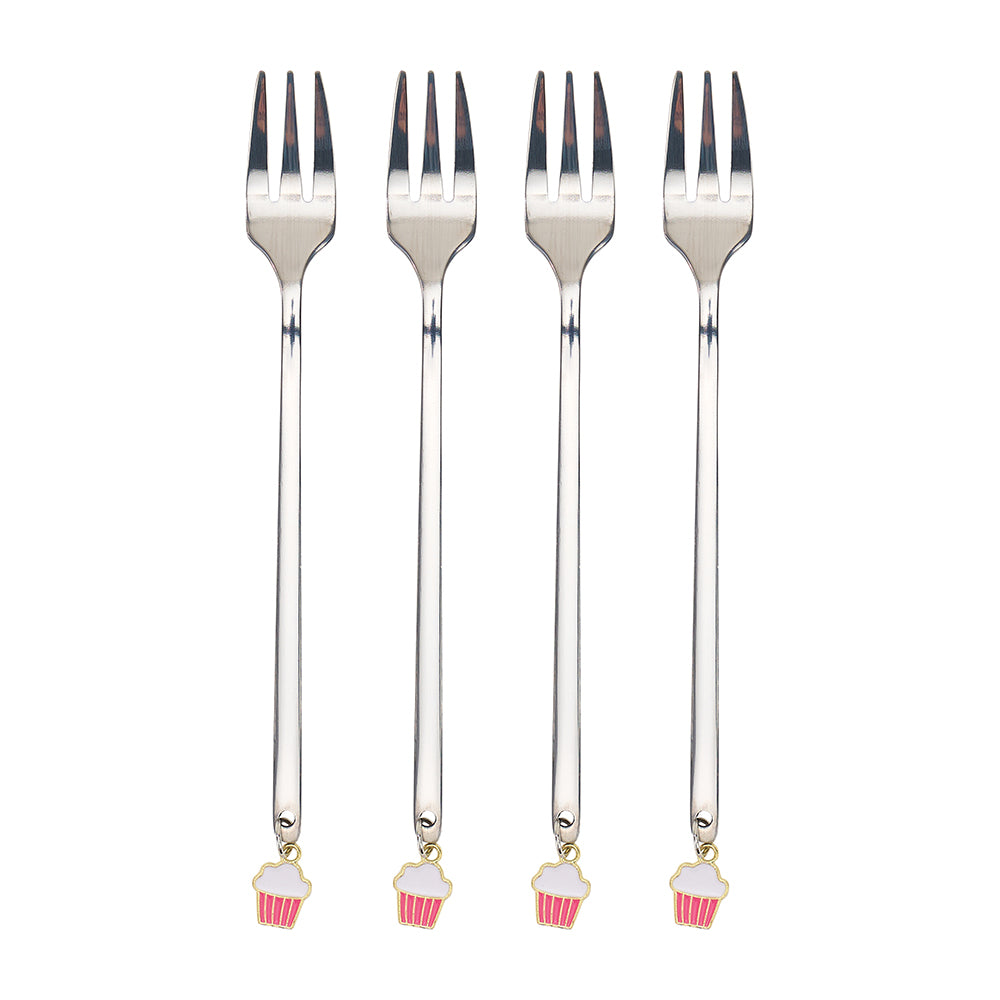 Four silver forks with cupcake-shaped ends on a white background