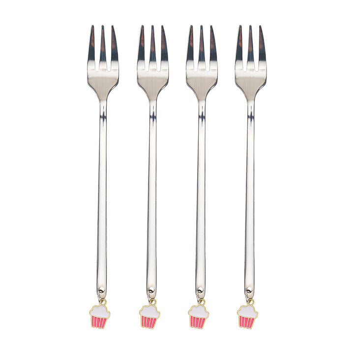 Four silver forks with cupcake-shaped ends on a white background