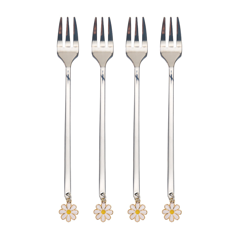 Four silver forks with daisy-shaped ends on a white background