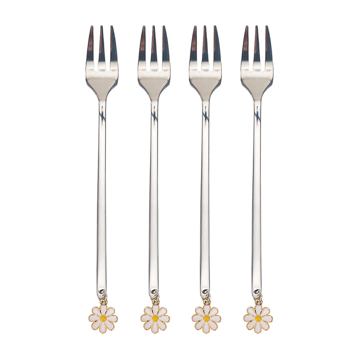 Four silver forks with daisy-shaped ends on a white background