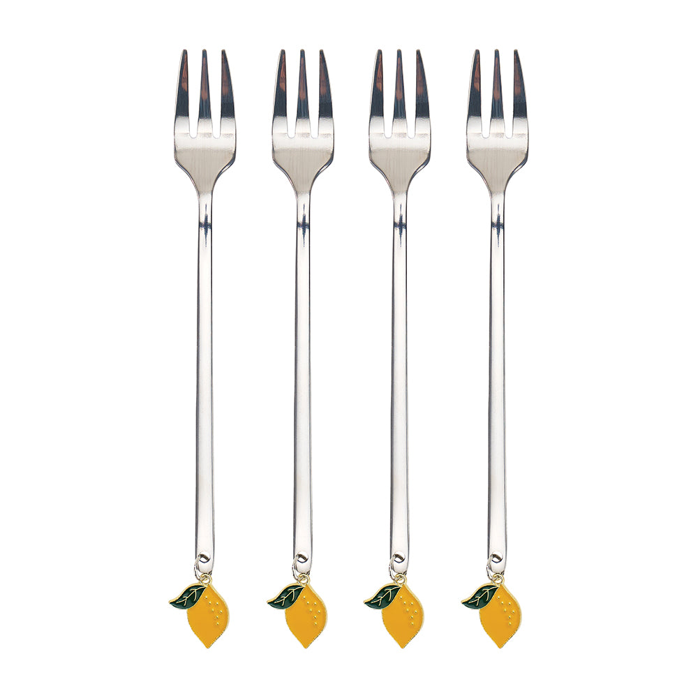 Four silver forks with lemon-shaped ends on a white background