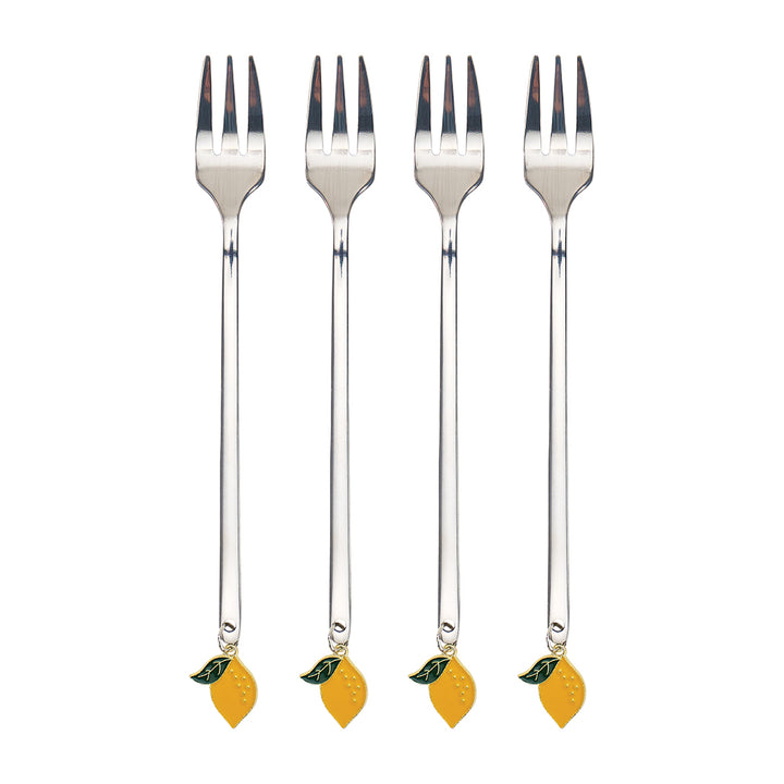 Four silver forks with lemon-shaped ends on a white background