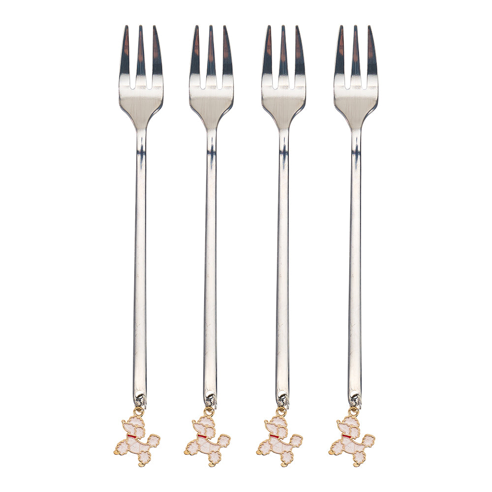 Four silver forks with decorative ends on a white background