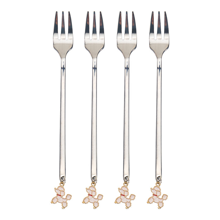 Four silver forks with decorative ends on a white background