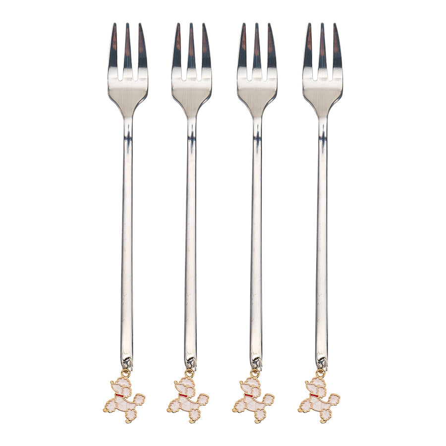 Four silver forks with decorative ends on a white background