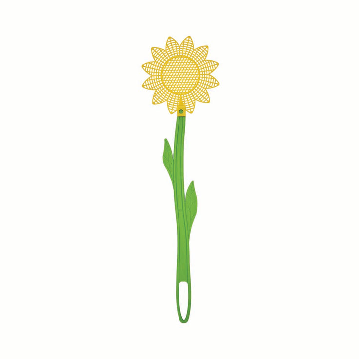 Yellow sunflower-shaped fly swatter on a green stem with a white background