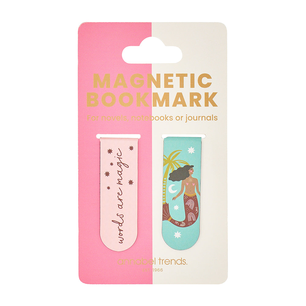 Magnetic bookmark packaging with a pink and white design featuring a mermaid illustration.