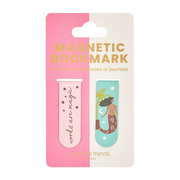 Magnetic bookmark packaging with a pink and white design featuring a mermaid illustration.