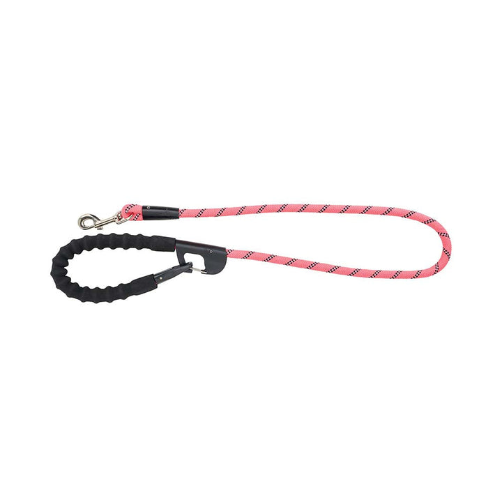 Neon pink dog leash on white background