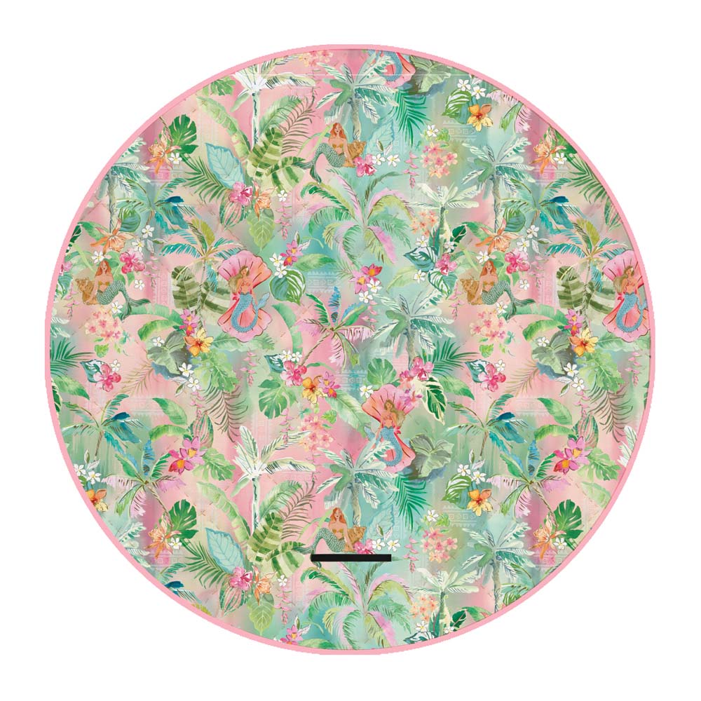 Round picnic rug with a colorful tropical leaf pattern on a white background
