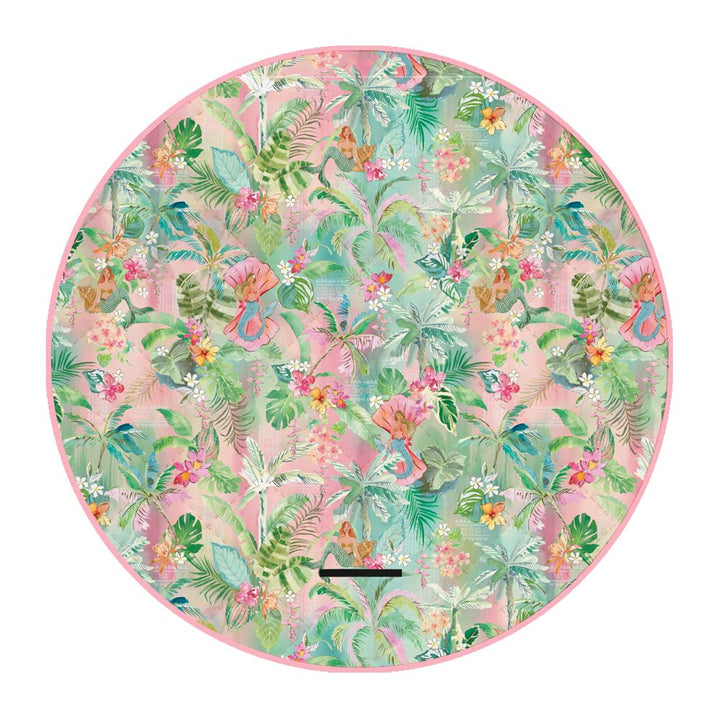 Round picnic rug with a colorful tropical leaf pattern on a white background