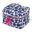 Cosmetic bag with blue pattern and pink accents on a white background