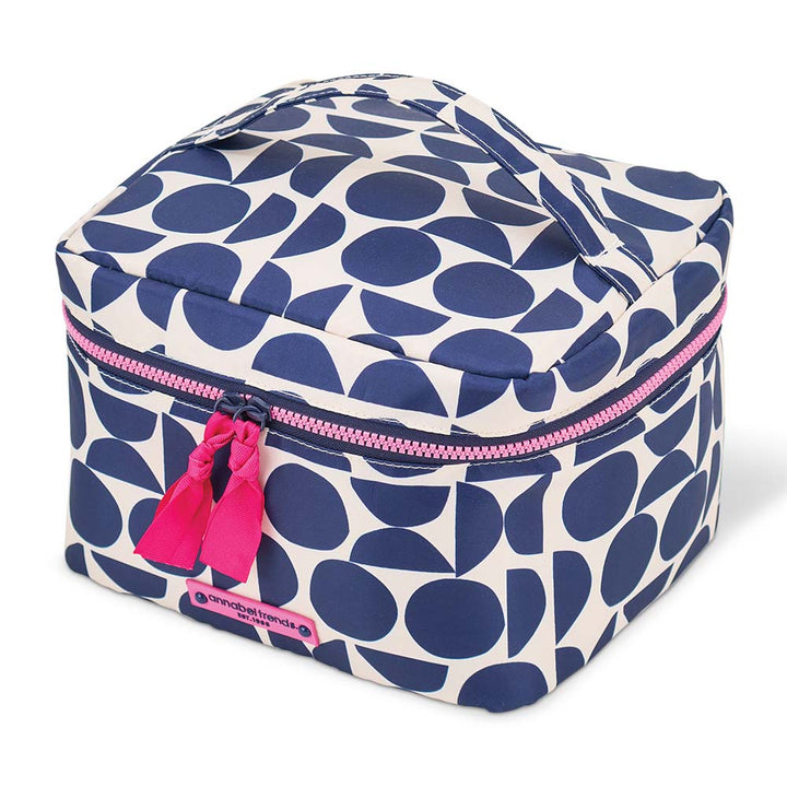 Cosmetic bag with blue pattern and pink accents on a white background