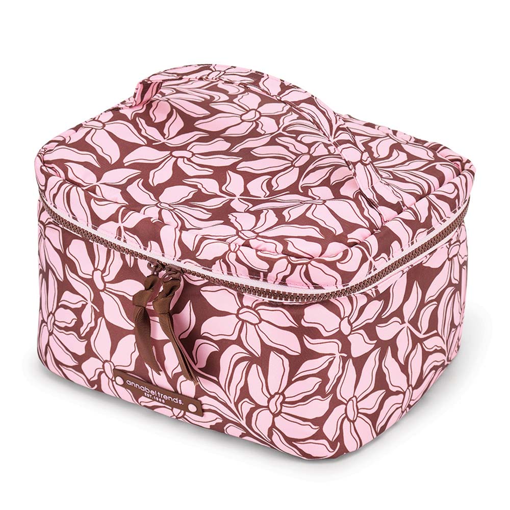 Floral-patterned storage box with a handle on a white background