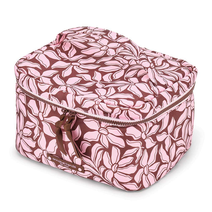 Floral-patterned storage box with a handle on a white background