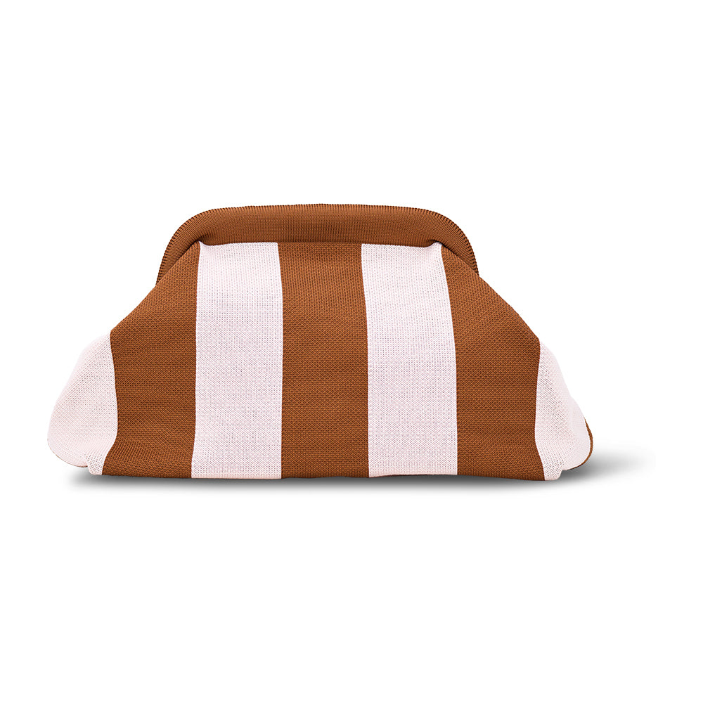 brown and pink striped pouch on a white background