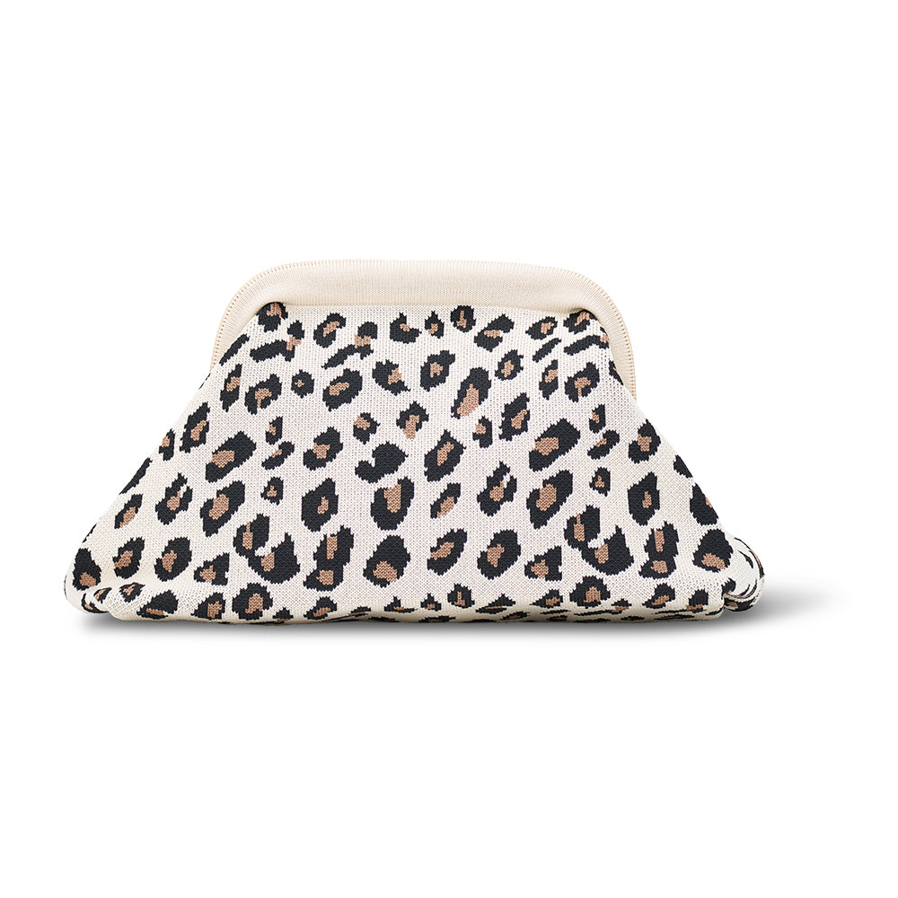 Triangular clutch with leopard print pattern on a white background