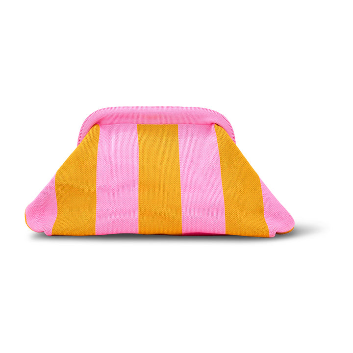 yellow and pink striped pouch on a white background