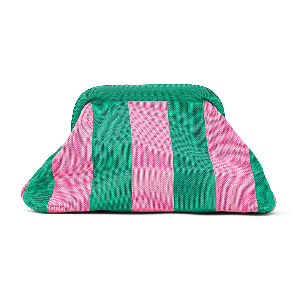 Striped green and pink pouch on a white background