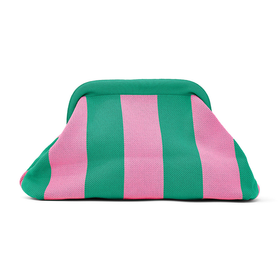 Striped green and pink pouch on a white background