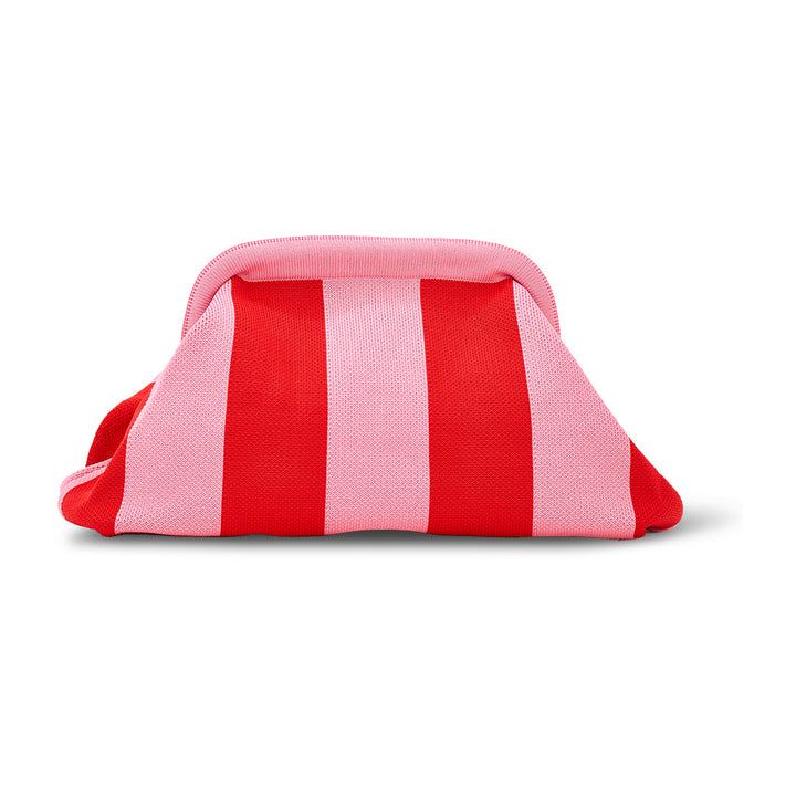 Red and pink striped pouch on a white background