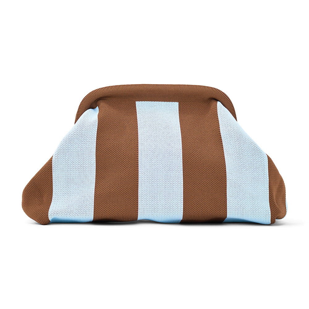 Striped brown and light blue pouch on a white background