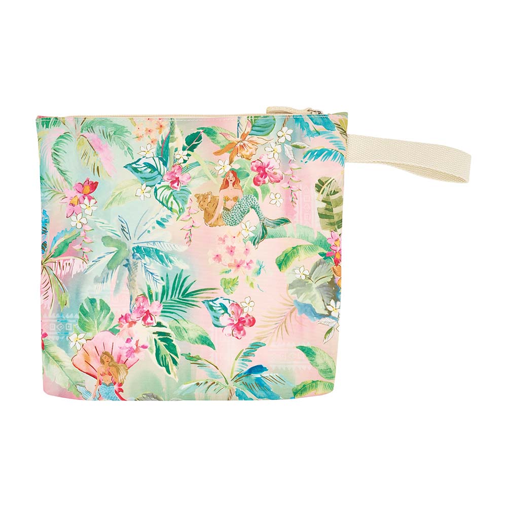 Floral patterned pouch with a strap on a white background